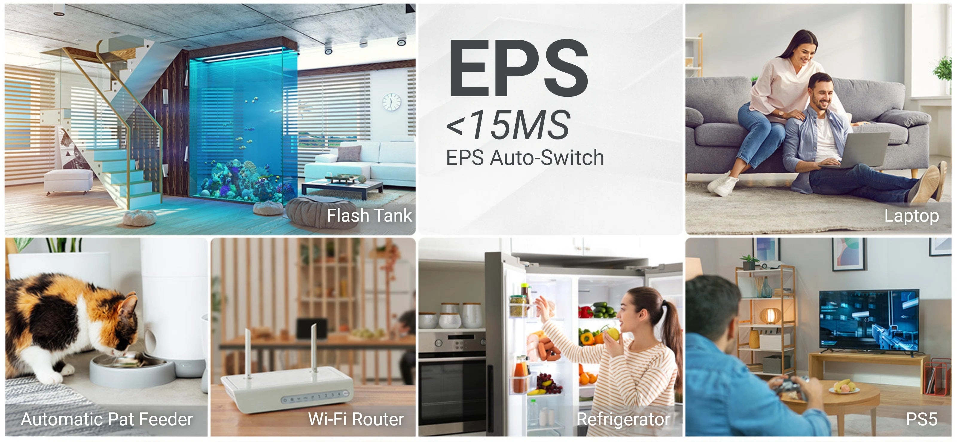 It supports EPS (Uninterruptible Power Supply) and &quot;Pass-Through&quot; functions, and when discharging during charging, it supplies power to the appliances being used directly from the AC outlet without going through the battery. In the event of a sudden power outage, it switches to power supply from the portable power source within 0.015 seconds (15msec).