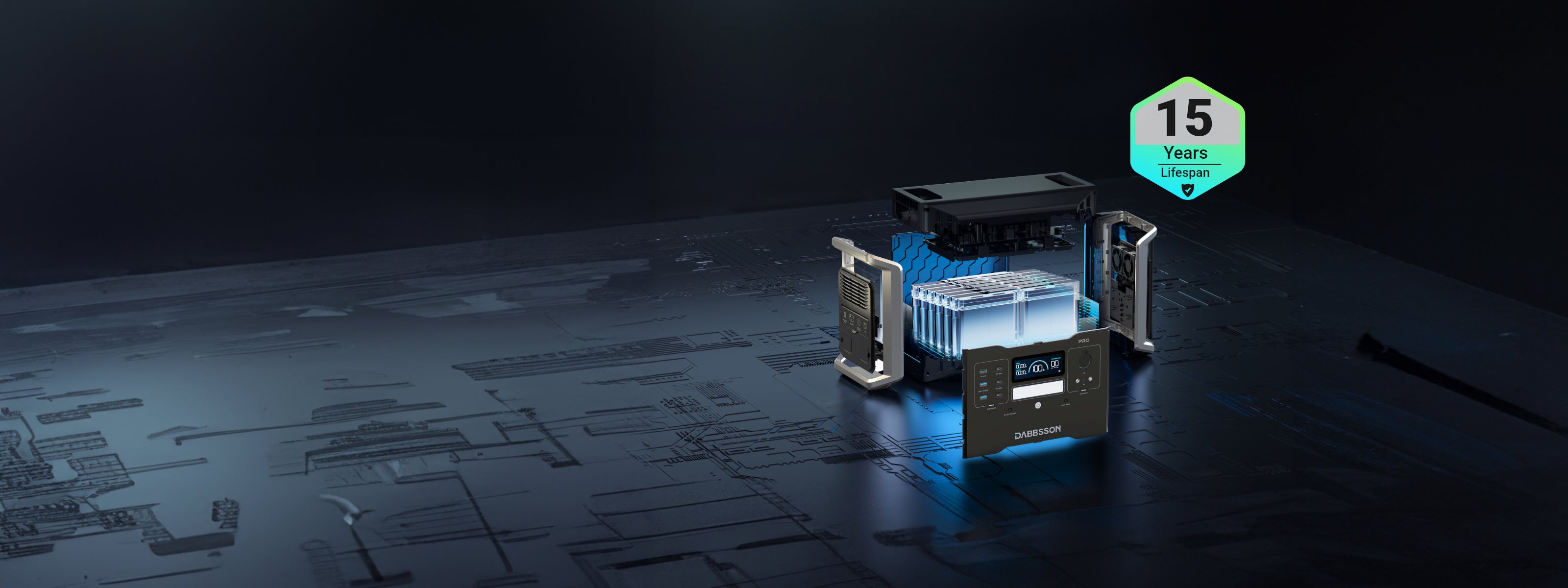 Dabbsson patented semi-solid state LiFePO4 battery, the same battery used in high-end electric cars, retains 80% battery health after 4500 cycles (equal to 15 years of use), compared to traditional batteries that drop to 80% after 500 cycles.